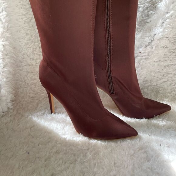 Sheln Brown stretchy knee high boots pointed toe heels Size11 - Picture 3 of 9